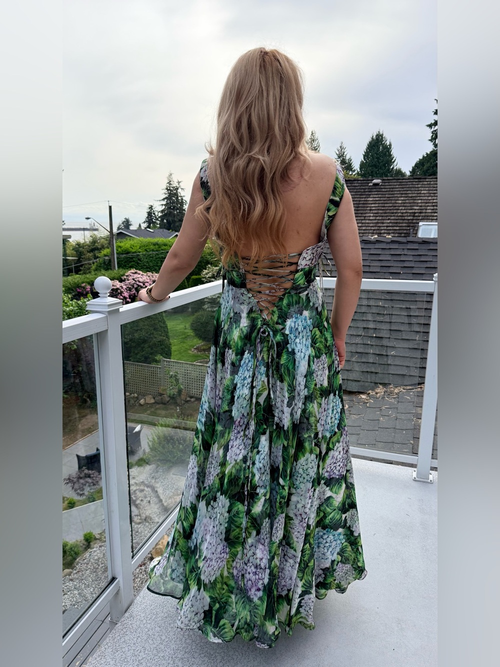 Floral Lace-Up Back Maxi Dress in Green
